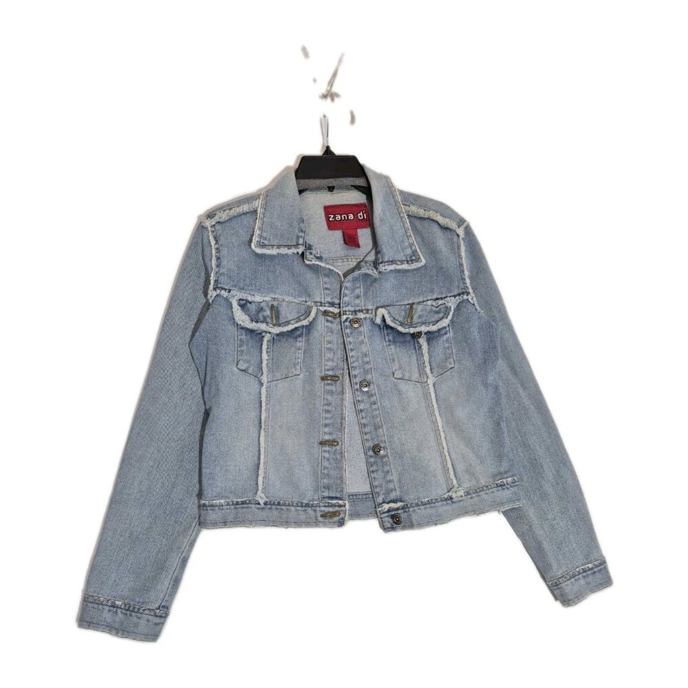 Zana Di Women's Jean Jacket Size L Button Up Long Sleeve Blue Distressed (48)